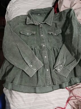 Green Corduroy Button-Up Peplum Jacket